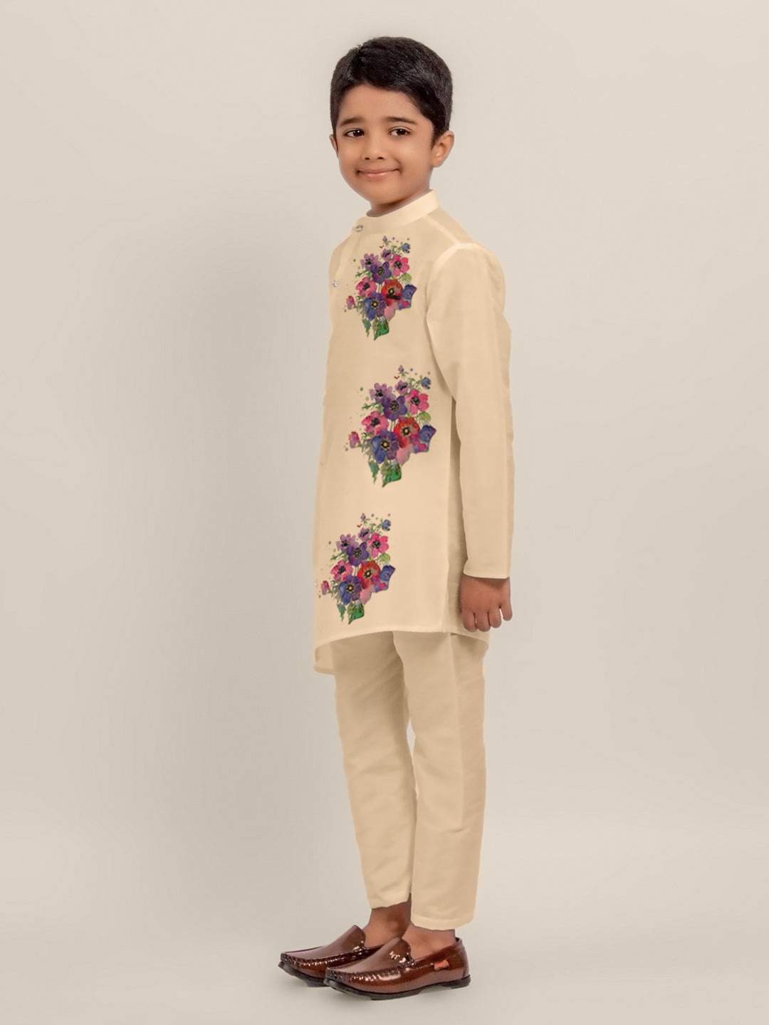 Boys Beige Printed Dupion Silk Kurta