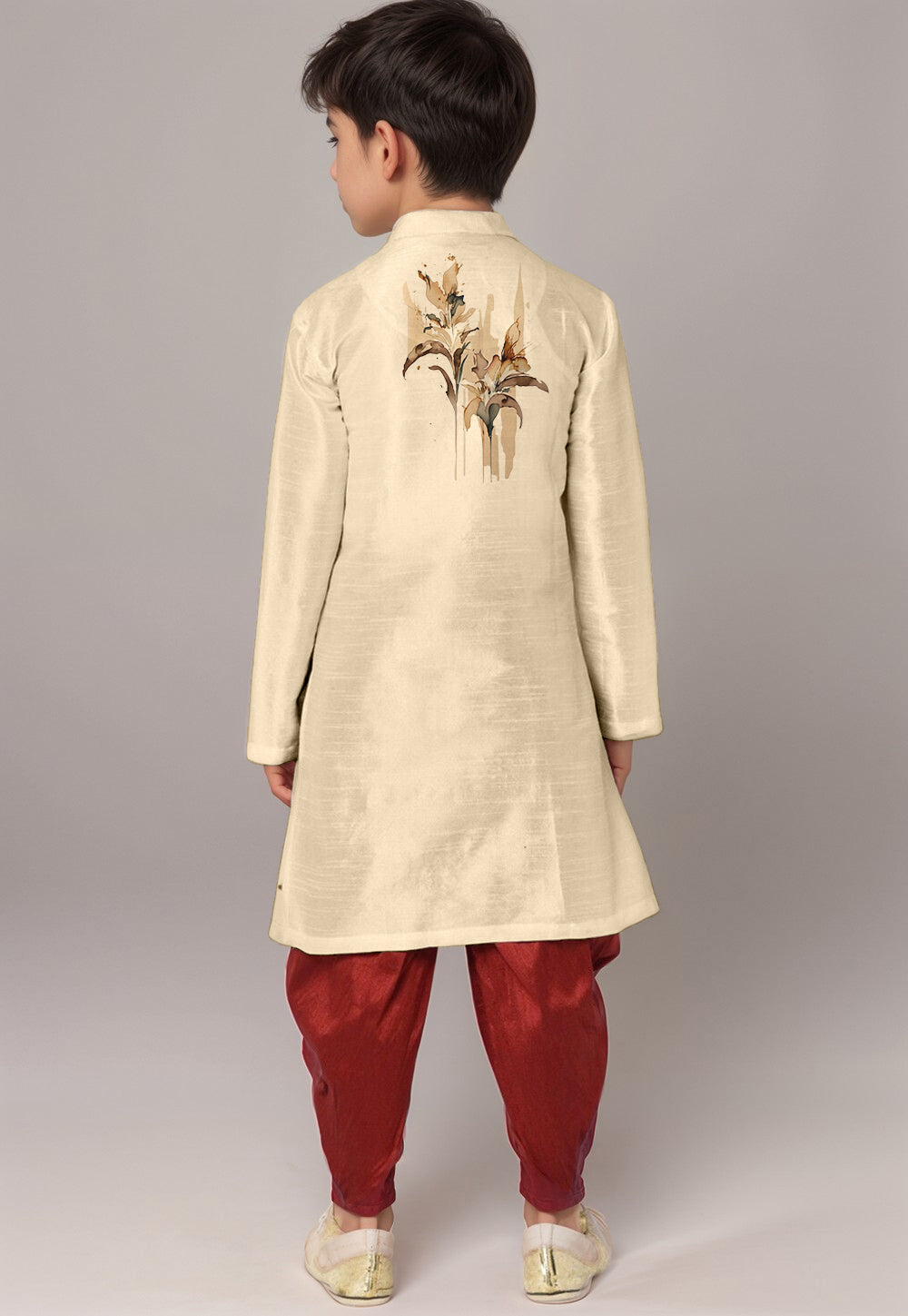 Boys Beige Printed Dupion Silk Kurta