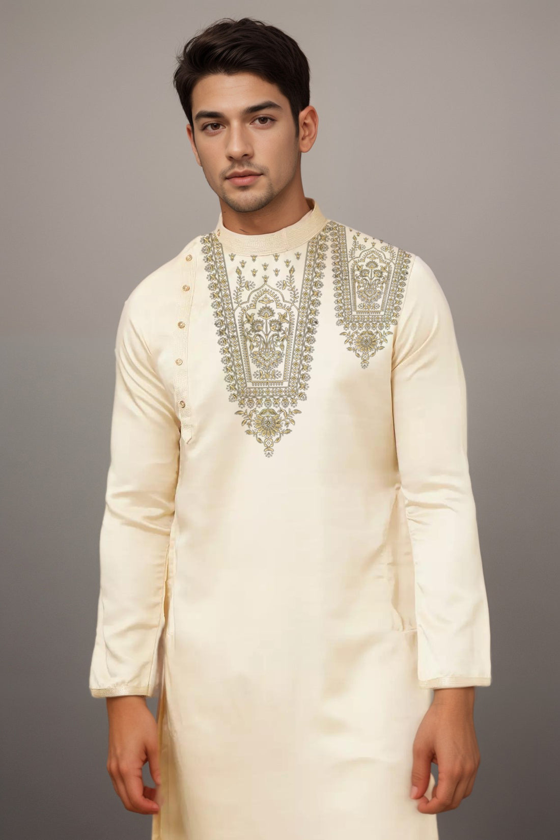 Men's Beige Cotton Kurta With Print