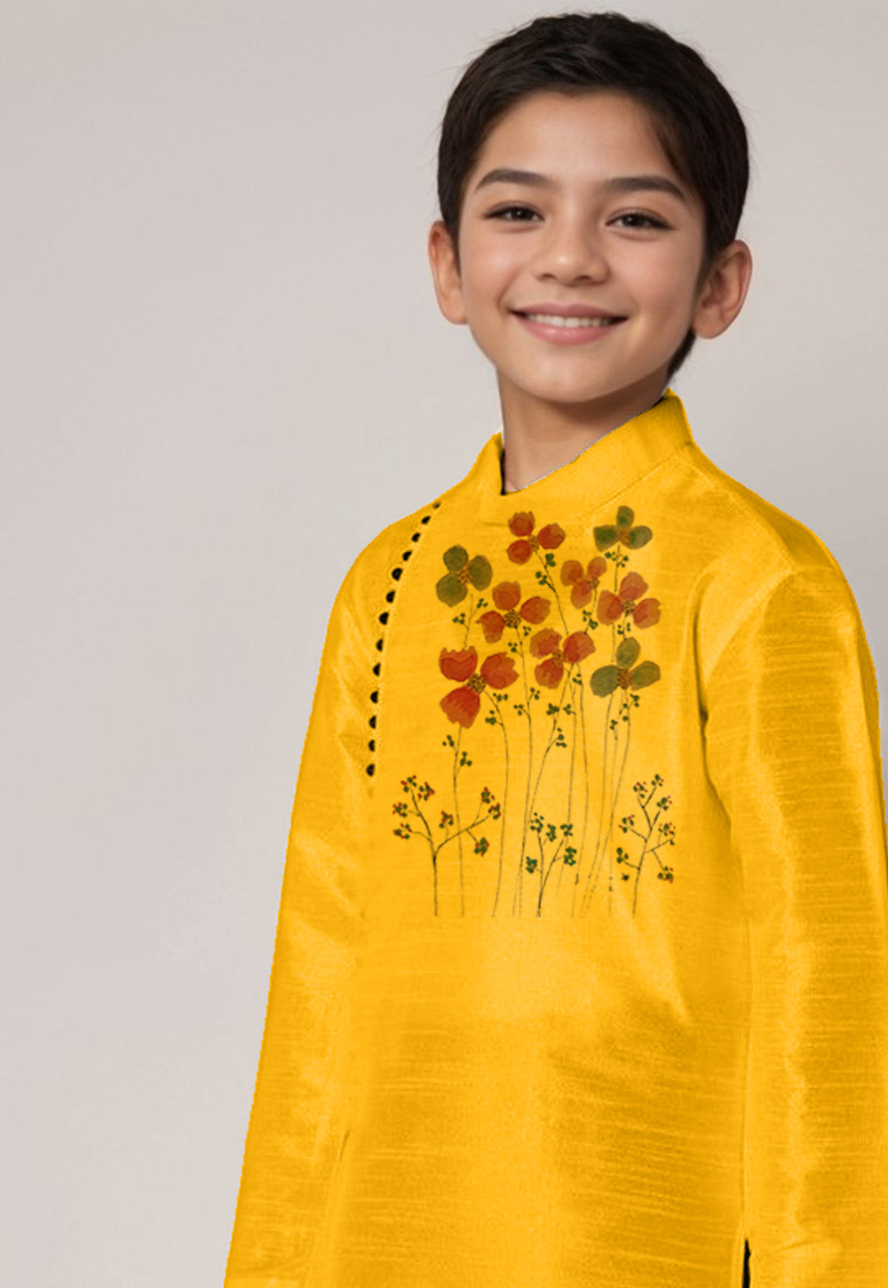 Boys Mustard Printed Dupion Silk Kurta