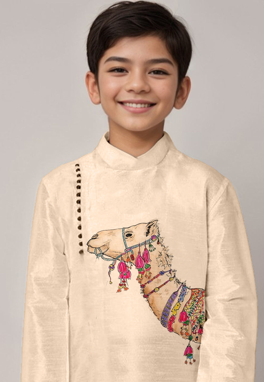 Boys Beige Printed Dupion Silk Kurta