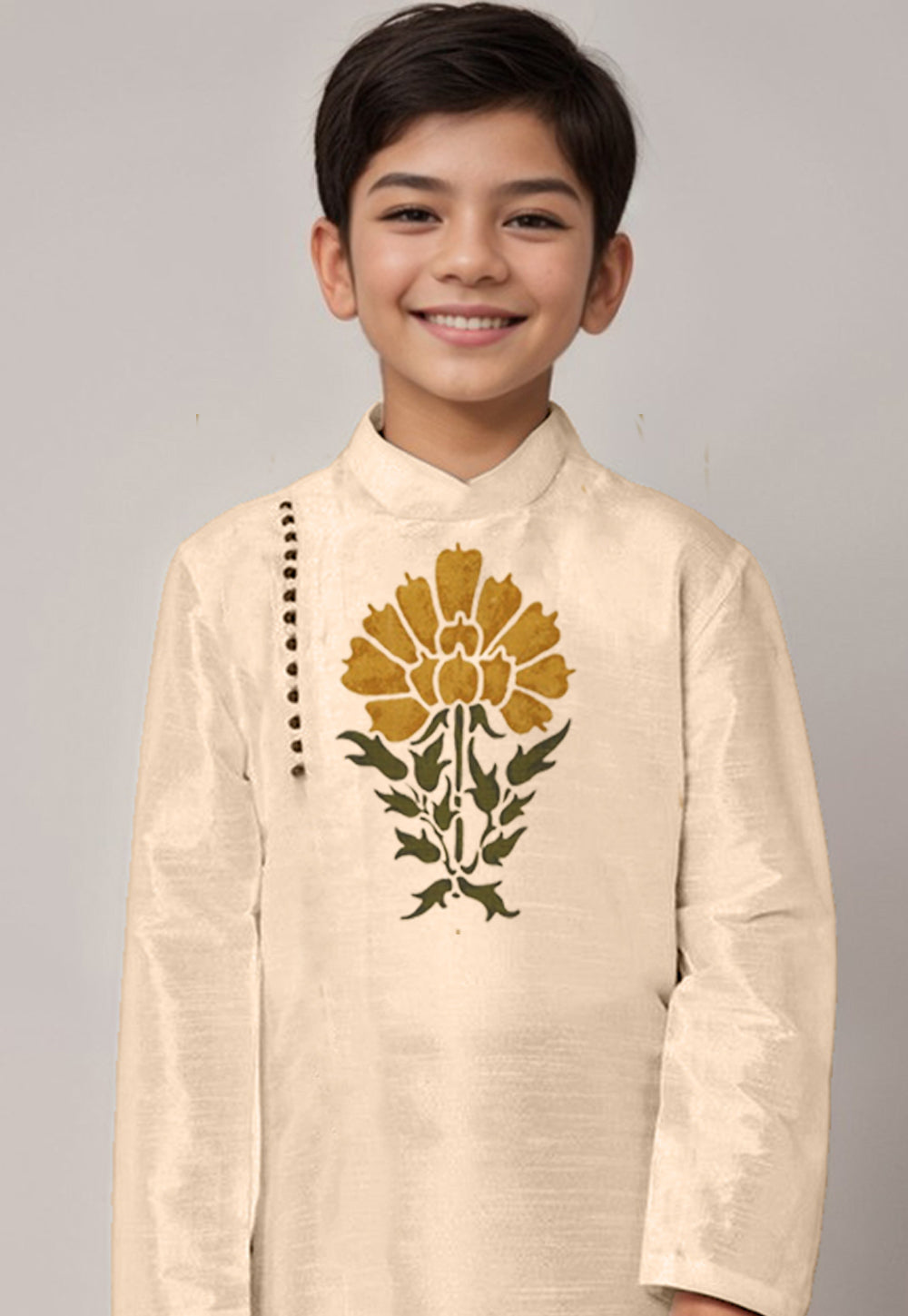 Boys Beige Printed Dupion Silk Kurta