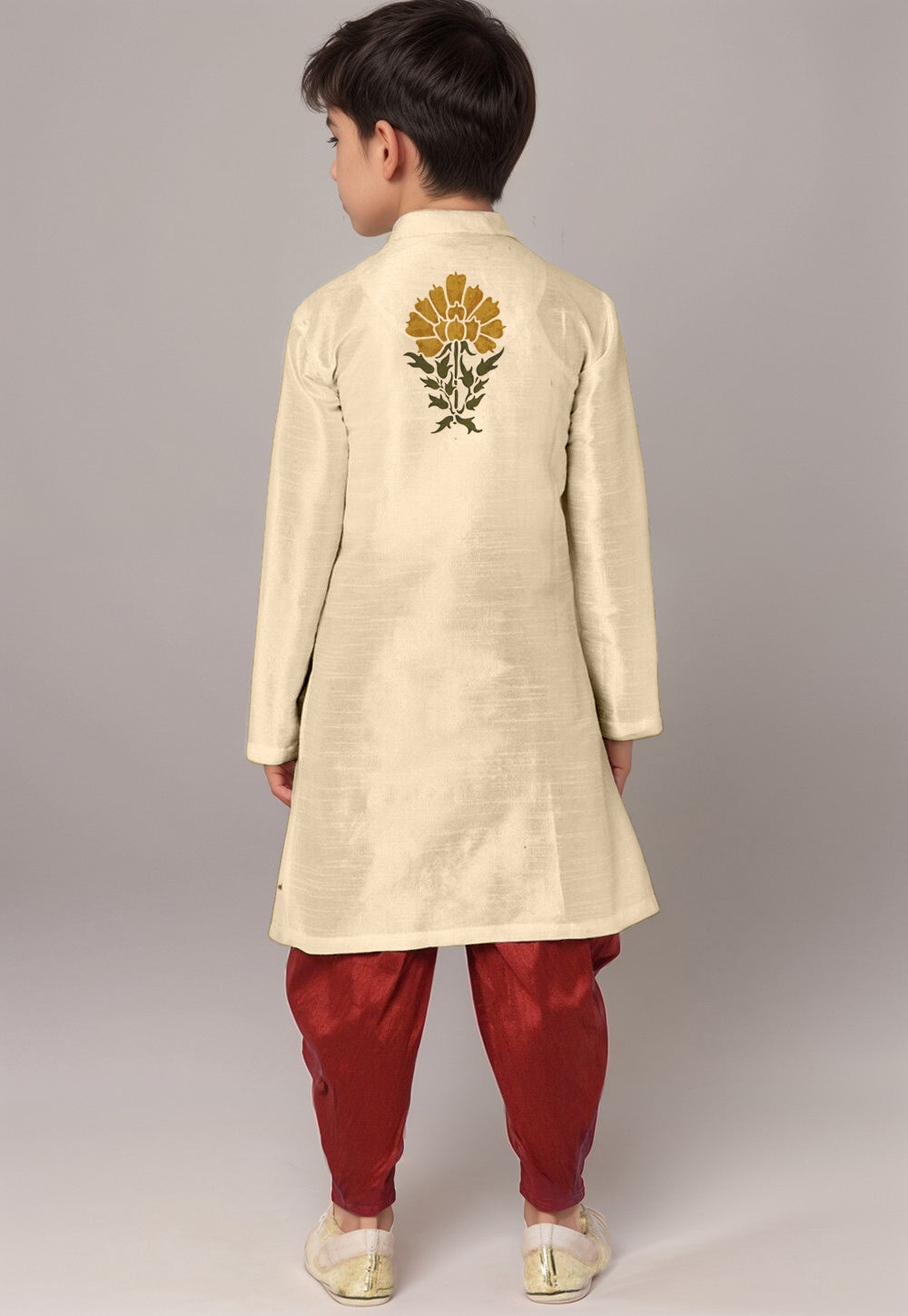 Boys Beige Printed Dupion Silk Kurta