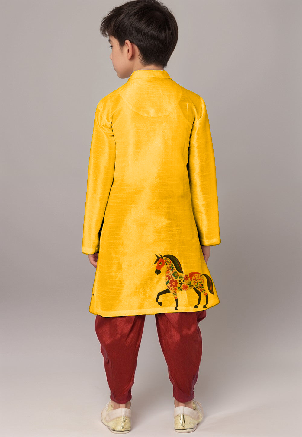 Boys Mustard Printed Dupion Silk Kurta