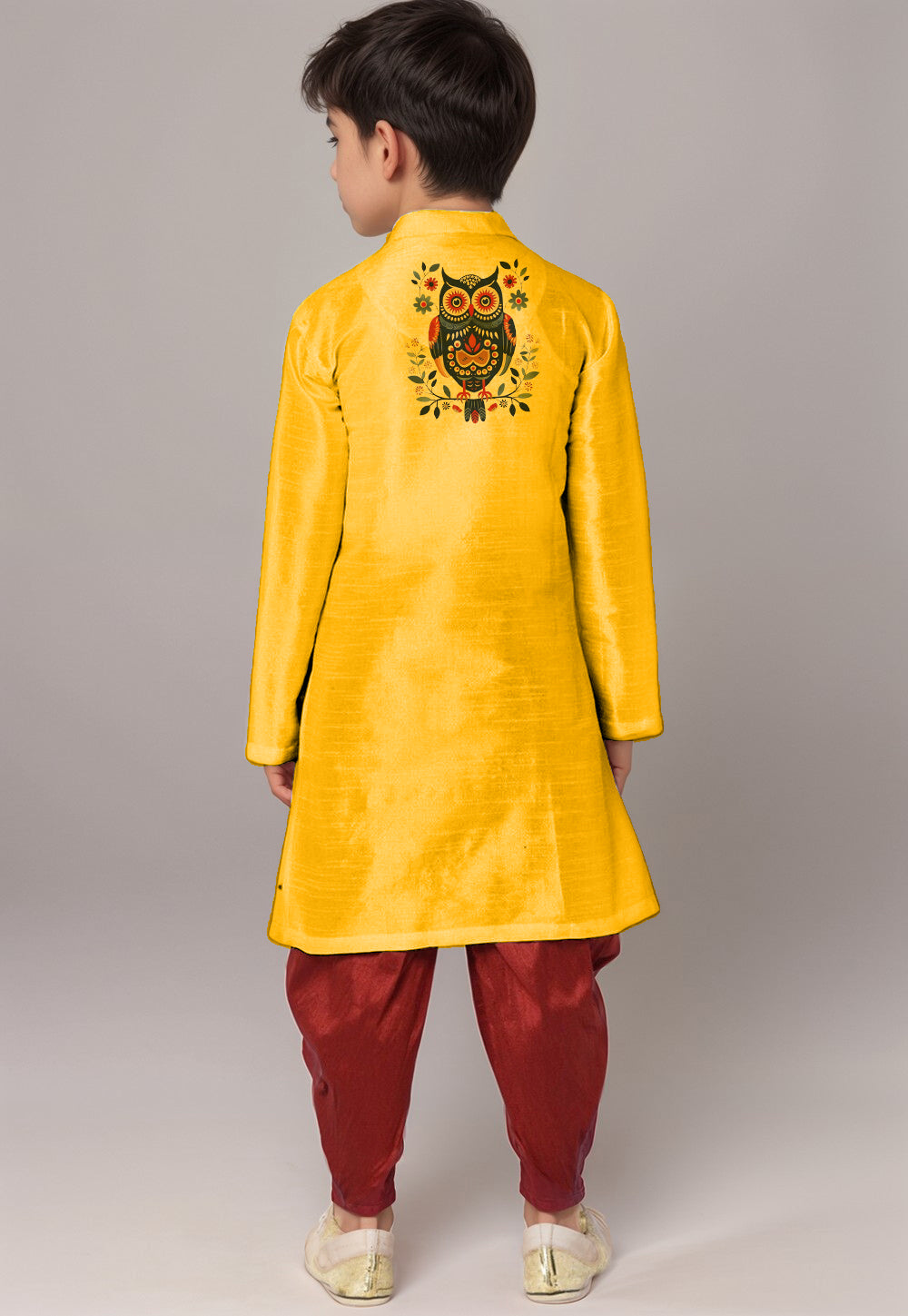 Boys Mustard Printed Dupion Silk Kurta