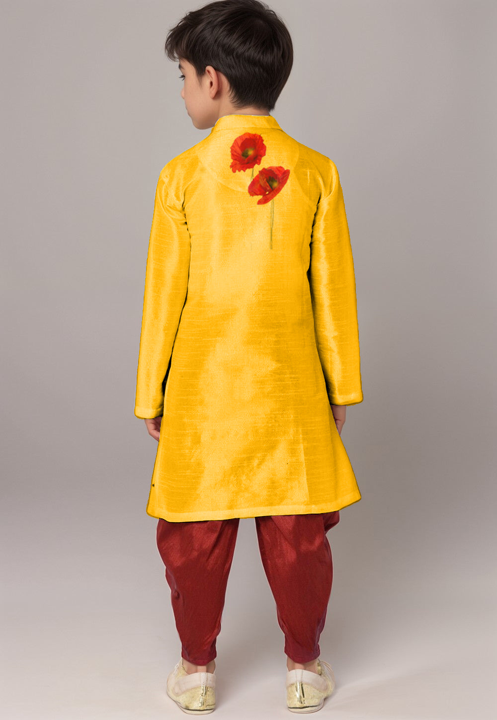 Boys Mustard Printed Dupion Silk Kurta