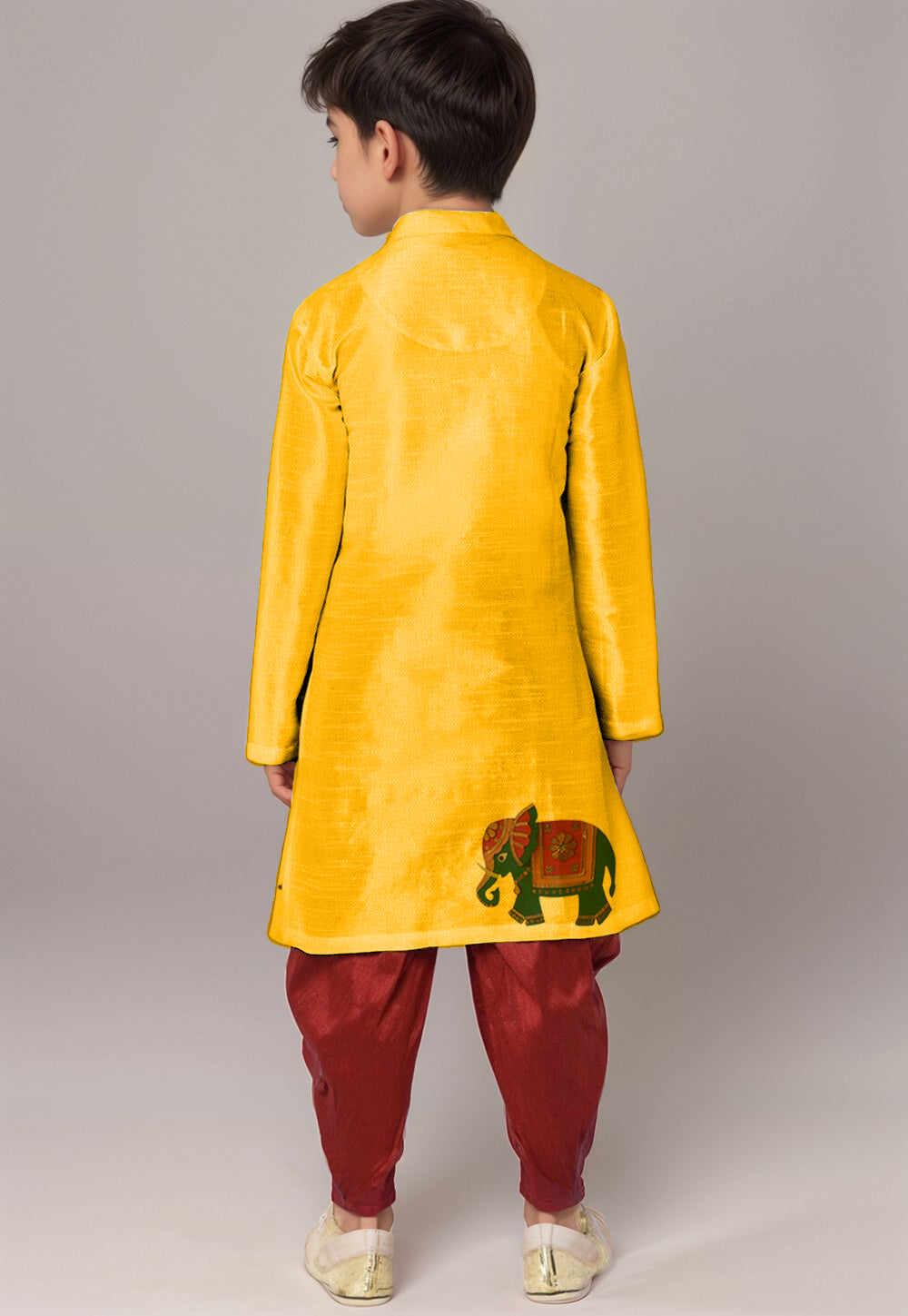 Boys Mustard Printed Dupion Silk Kurta