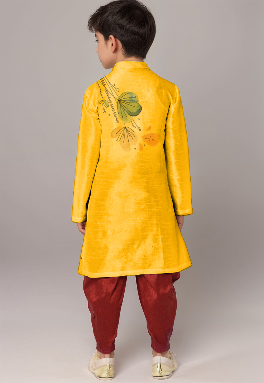 Boys Mustard Printed Dupion Silk Kurta