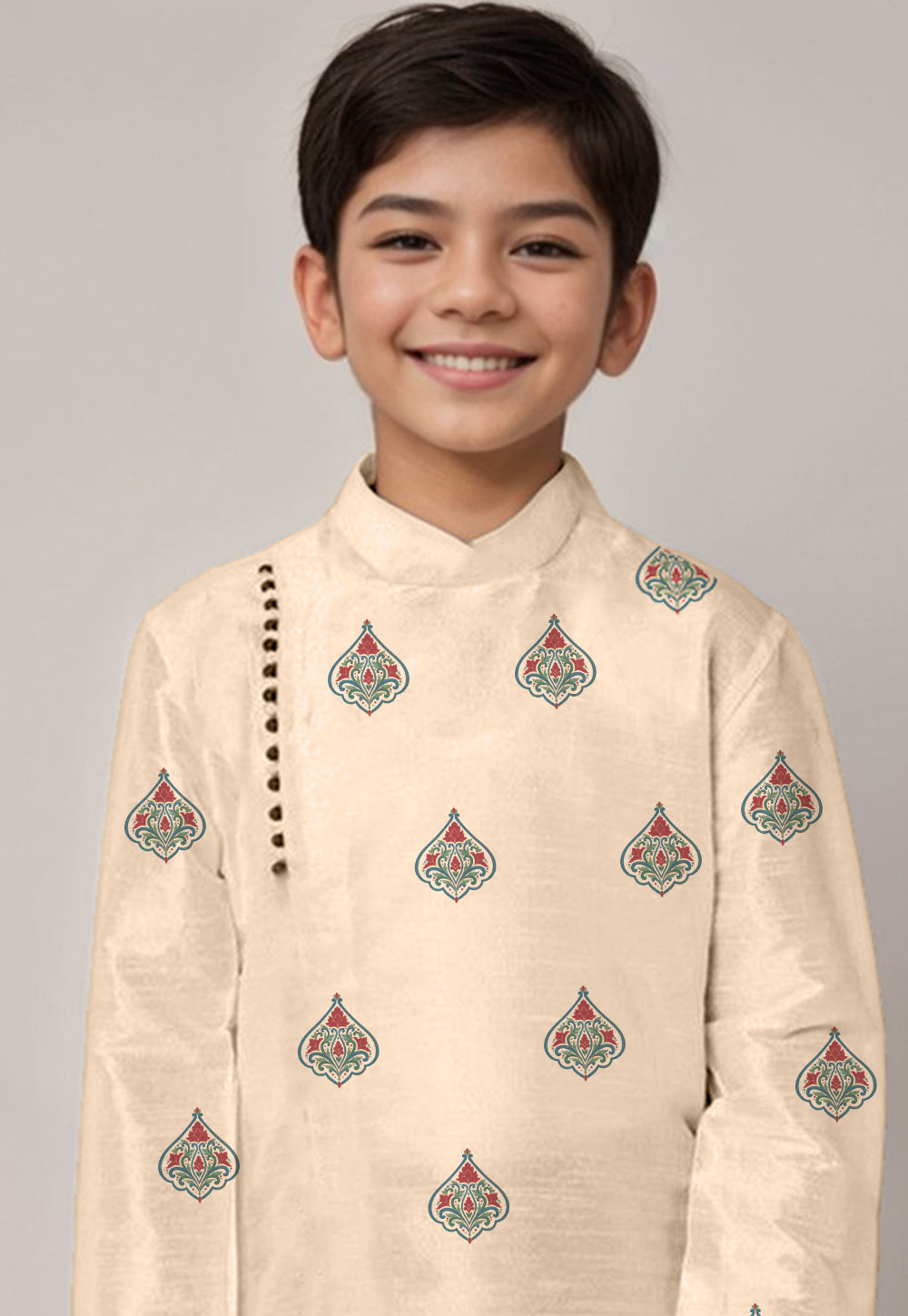 Boys Beige Printed Dupion Silk Kurta