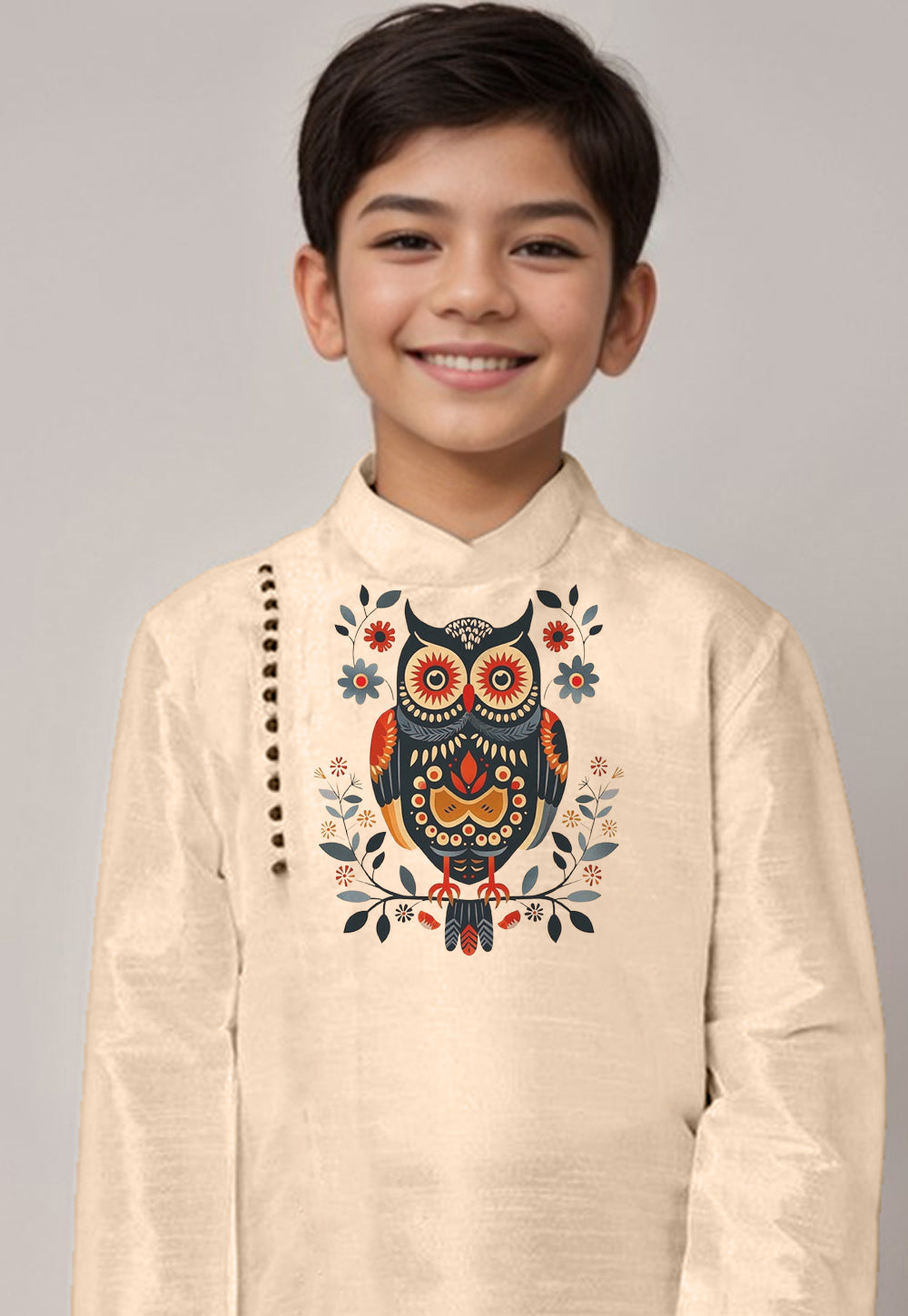 Boys Beige Printed Dupion Silk Kurta