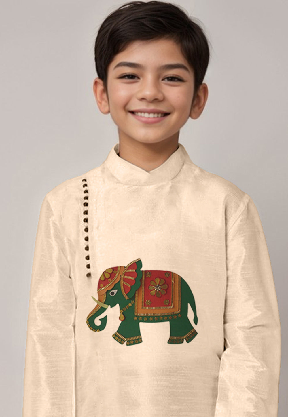 Boys Beige Printed Dupion Silk Kurta