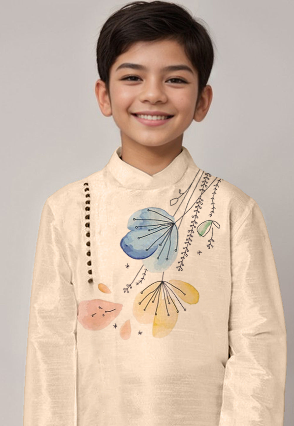 Boys Beige Printed Dupion Silk Kurta