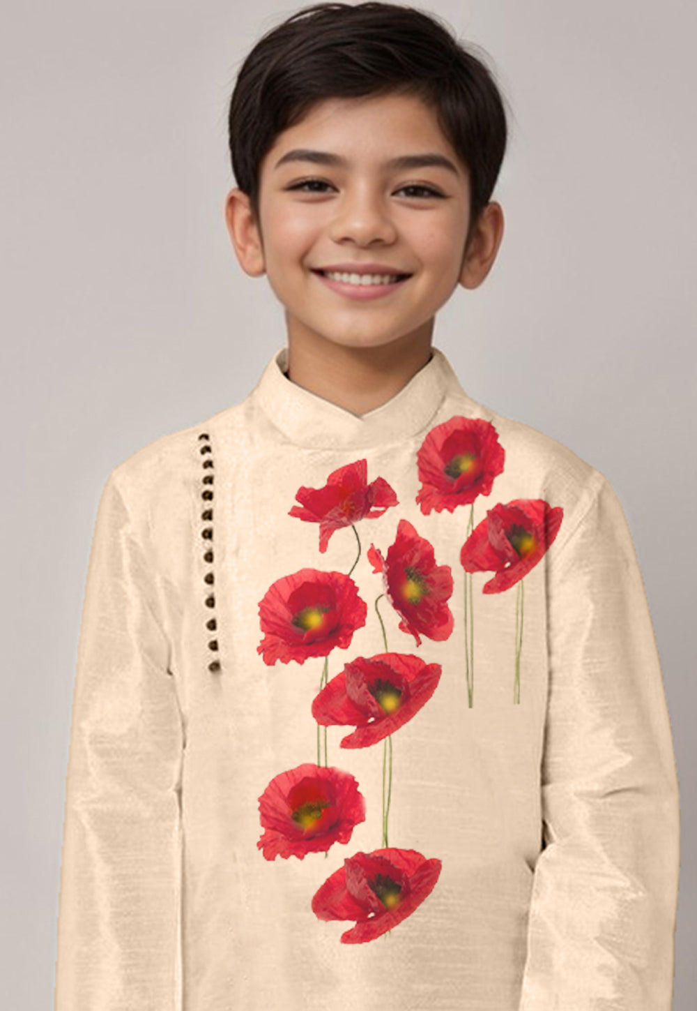 Boys Beige Printed Dupion Silk Kurta