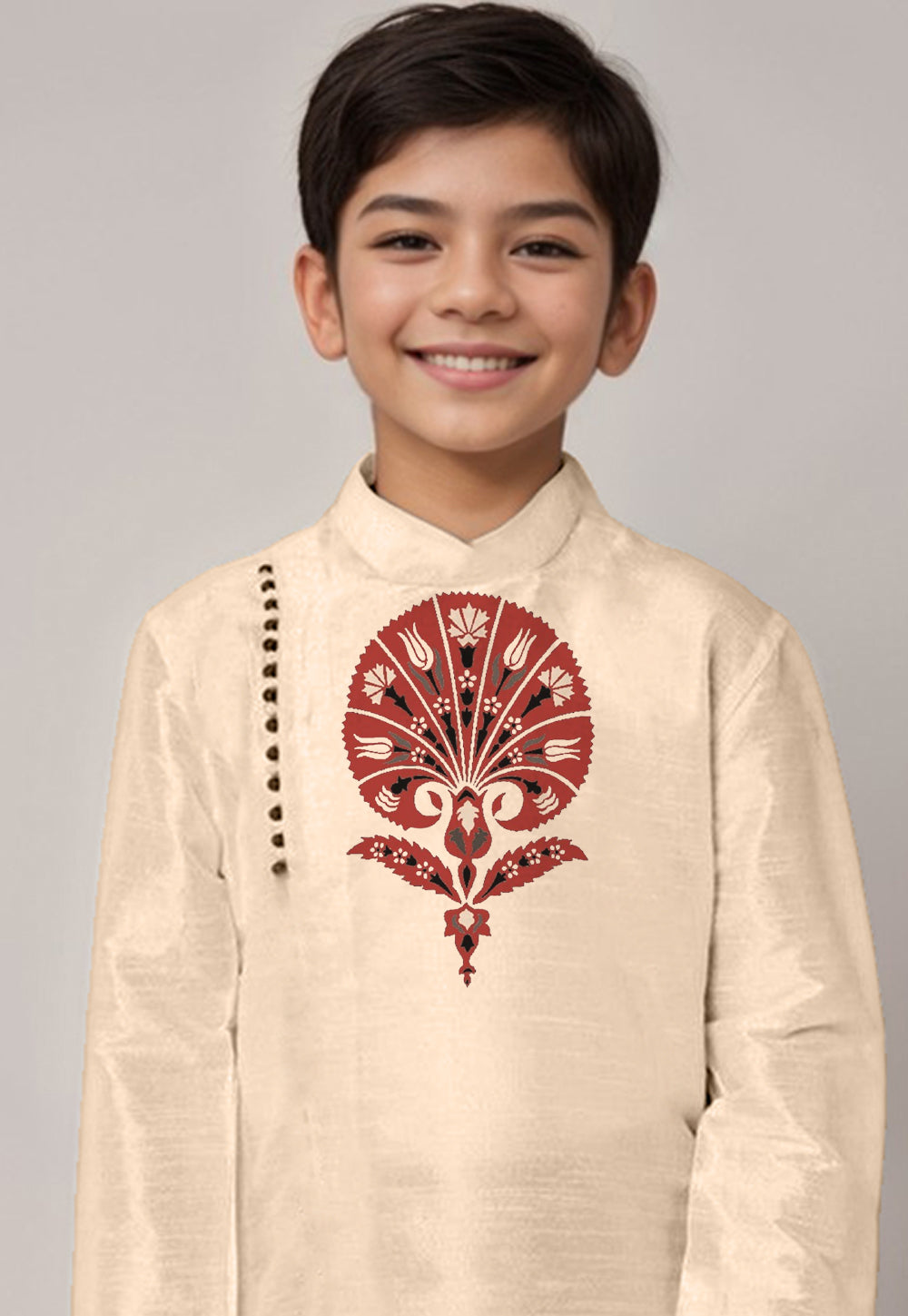 Boys Beige Printed Dupion Silk Kurta