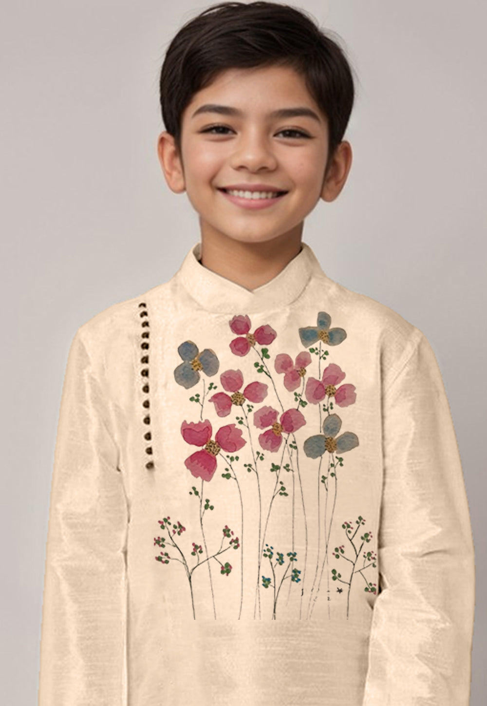 Boys Beige Printed Dupion Silk Kurta