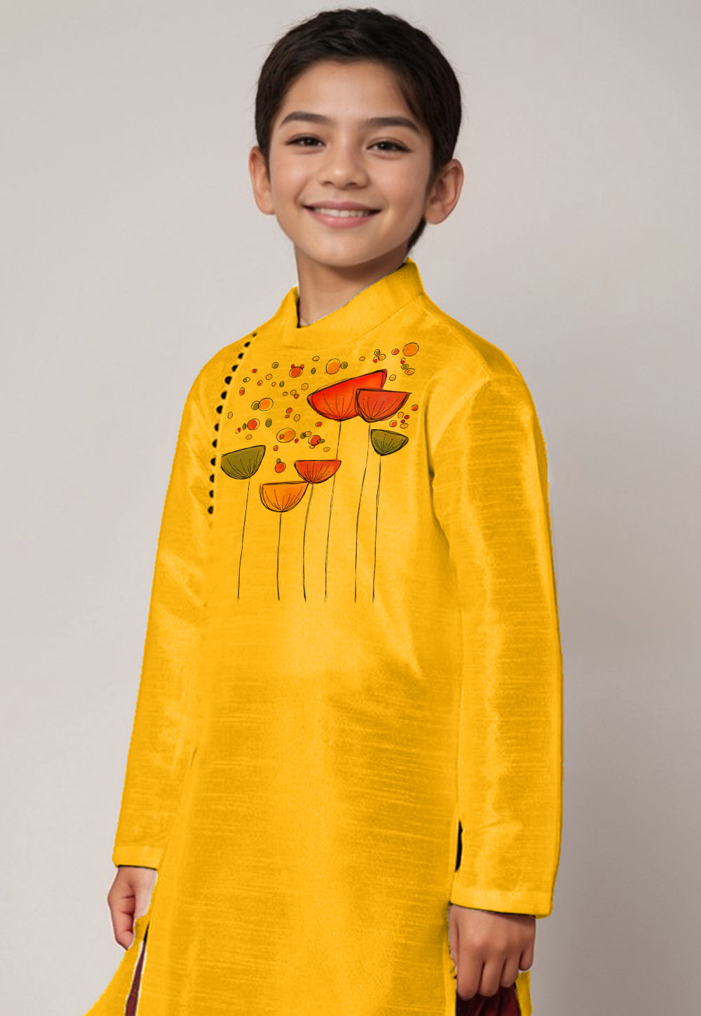 Boys Mustard Printed Dupion Silk Kurta