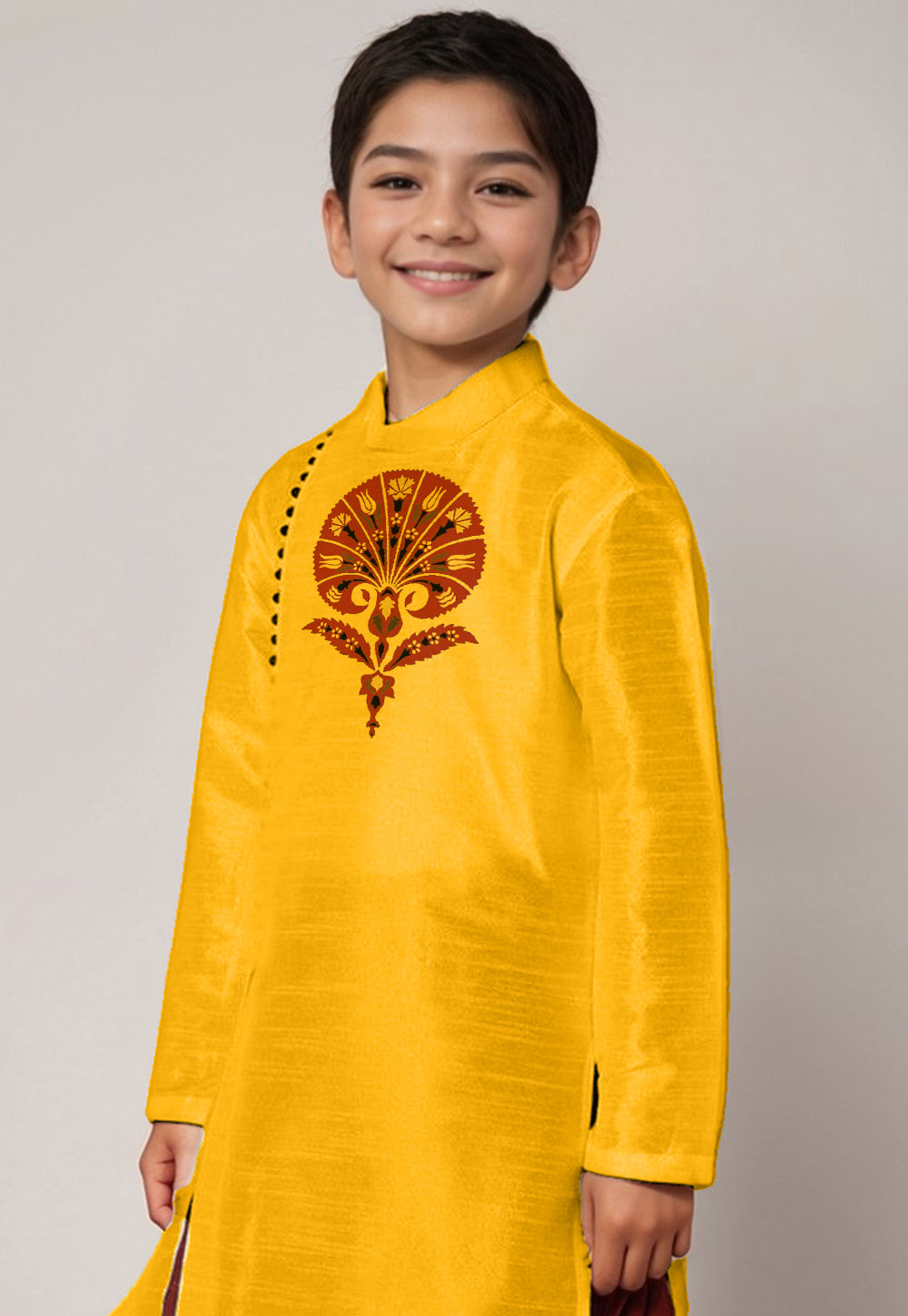 Boys Mustard Printed Dupion Silk Kurta