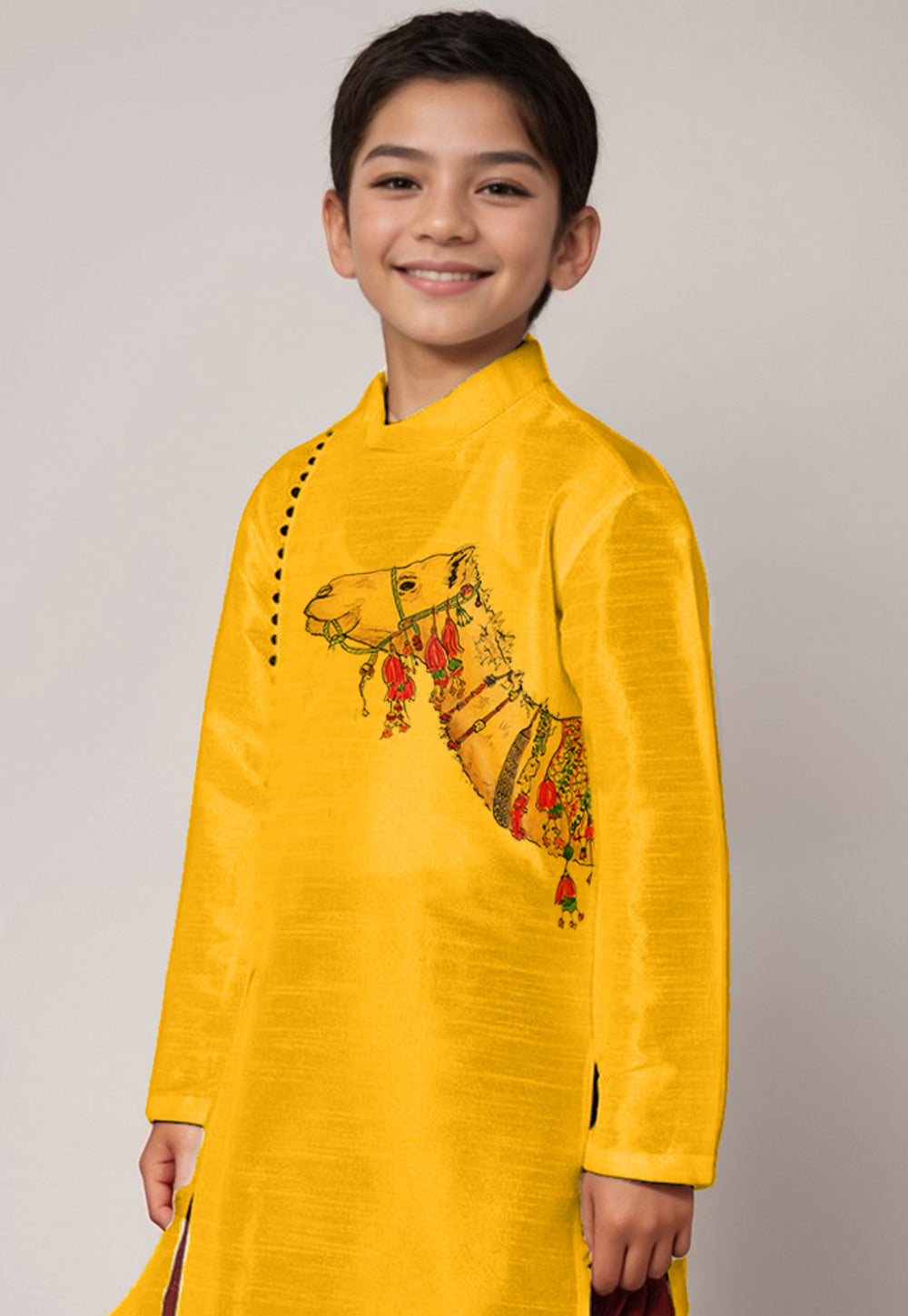 Boys Mustard Printed Dupion Silk Kurta