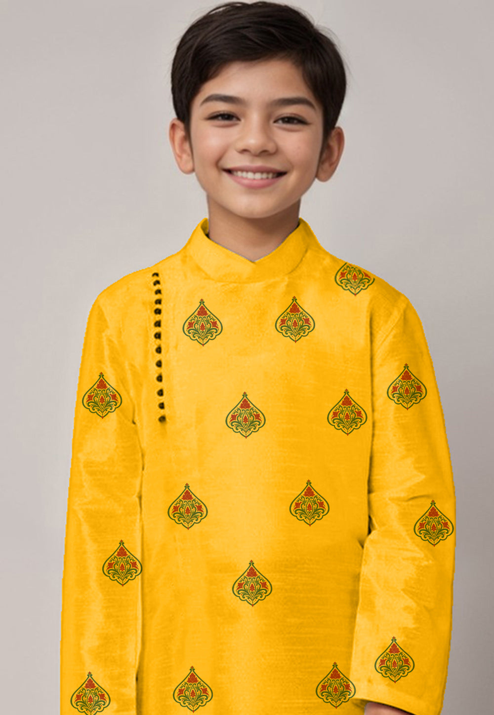 Boys Mustard Printed Dupion Silk Kurta