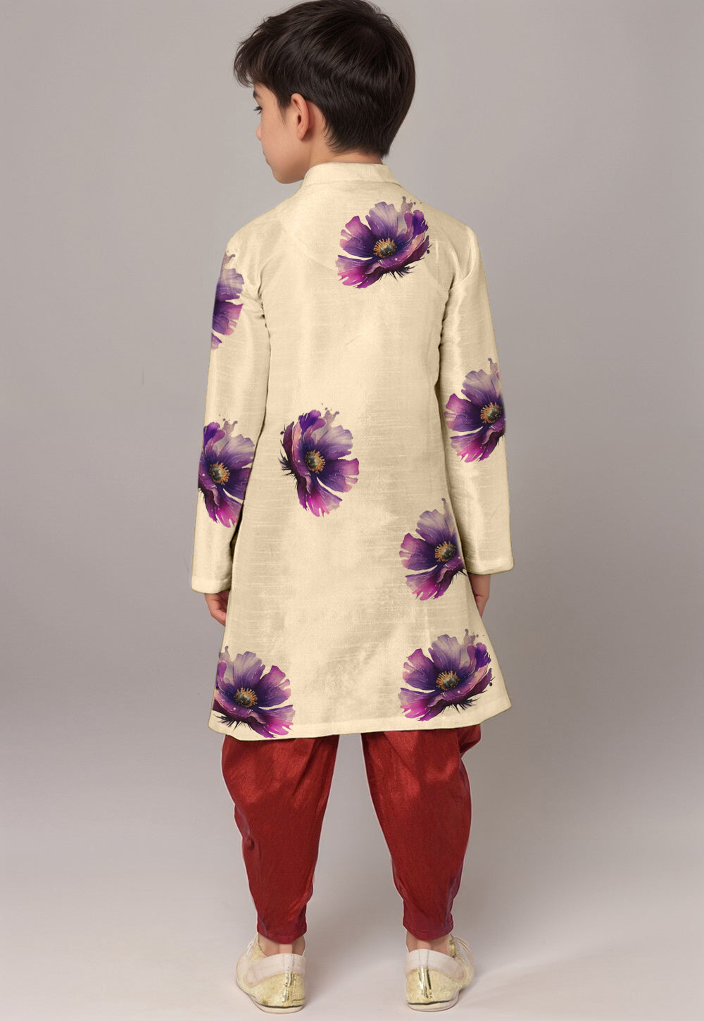 Boys Beige Printed Dupion Silk Kurta